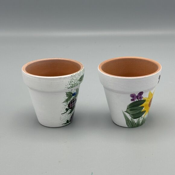 2 Small Hand Painted Succulent Herb Window Ledge Planters Sunflowers Daisies 2.5 - Picture 2 of 6